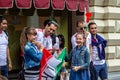 Iranian football fans and two girls with an Iranian flag