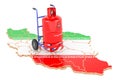 Iranian map with propane gas cylinder on hand truck. Gas Delivery Service in Iran, concept. 3D rendering