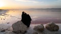 Iranian woman in hijab burka sitting on a rock by the Maharloo pink lake, Shiraz, Iran