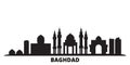 Iraq, Baghdad city skyline isolated vector illustration. Iraq, Baghdad travel black cityscape
