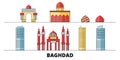 Iraq, Baghdad flat landmarks vector illustration. Iraq, Baghdad line city with famous travel sights, skyline, design.
