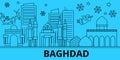 Iraq, Baghdad winter holidays skyline. Merry Christmas, Happy New Year decorated banner with Santa Claus.Iraq, Baghdad