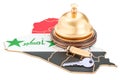 Iraq booking concept. Iraqi flag with hotel key and reception be