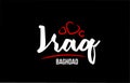 Iraq country on black background with red love heart and its capital Baghdad