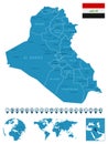 Iraq - detailed blue country map with cities, regions, location on world map and globe. Infographic icons