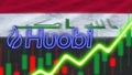 Iraq Flag with Neon Light Effect Huobi Logo Radial Blur Effect Fabric Texture 3D Illustration