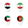 Iraq, Iran, Kuwait, Afghanistan flag location map pin icon