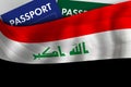 Iraqi flag background and passport of Iiraq. Citizenship, official legal immigration, visa, business and travel concept