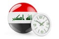 Iraqi flag with clock. Time in Iraq, 3D rendering Royalty Free Stock Photo