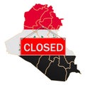 Iraqi map with closed hanging sign, quarantine concept. 3D rendering