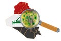 Iraqi map with coronavirus under magnifier, 3D rendering Royalty Free Stock Photo