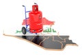 Iraqi map with propane gas cylinder on hand truck. Gas Delivery Service in Iraq, concept. 3D rendering