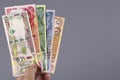 Iraqi money in the hand on a gray background Royalty Free Stock Photo