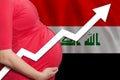 Iraqi pregnant woman on flag of Iraq background. Birth rate up