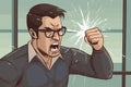 Irate man shatters glass with his fist. Enraged male worker smashes glass with hand punch. Managing emotions and problems. Vector