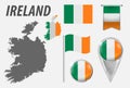 IRELAND. Collection of symbols in colors national flag on various objects isolated on white background. Flag, pointer, button,