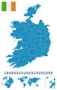 Ireland - detailed blue country map with cities, regions, location on world map and globe. Infographic icons