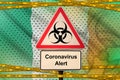 Ireland flag and Covid-19 biohazard symbol with quarantine orange tape. Coronavirus or 2019-nCov virus concept