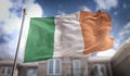 Ireland Flag 3D Rendering on Blue Sky Building Background