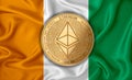 Ireland flag ethereum gold coin on flag background. The concept of blockchain bitcoin currency decentralization in the country