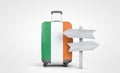 Ireland flag travel suitcase with wooden guide signpost. 3D Render