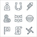 ireland line icons. linear set. quality vector line set such as brigid cross, letter, flag, colcannon, garland, coins, firecracker