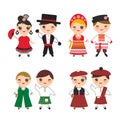 Ireland Scotsman Slavic Spanish flamenco dancer boy and girl in national costume and hat. Cartoon children in traditional Scotland