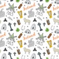 Ireland Sketch Doodles Seamless Pattern. Irish Elements with flag and map of Ireland, Celtic Cross, Castle, Shamrock, Celtic Harp,