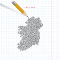 Ireland sketch scribble vector map drawn on checkered school notebook paper background