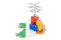 Ireland travel concept. Irish map with suitcases and signpost, 3