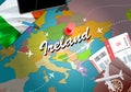 Ireland travel concept map background with planes, tickets. Visit Ireland travel and tourism destination concept. Ireland flag on