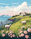 Ireland travel poster with spectacular view of landscape and sheep, Ireland. Ai generated image