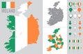 Ireland vector map with flag, globe and icons on white background