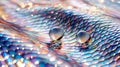 Iridescent abstract surface with two reflective spheres on hexagonal patterned background
