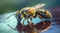 Iridescent Bee Resting on Reflective Surface: A Stunning Macro Photograph