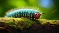 Iridescent Blue Caterpillar On Moss: A Cinematic Rendering In Cinema4d