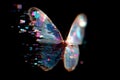 Iridescent butterfly dissolves into colorful digital glitch blocks against a solid black background. Royalty Free Stock Photo