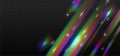 Iridescent crystal leak glare reflection effect. Optical rainbow lights, glare, streak overlay. Falling iridescent rays