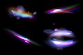 Iridescent crystal leak glare reflection effect. Optical rainbow lights, glare, leak, streak overlay. falling confetti