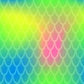Iridescent fish scale seamless pattern. Neon green yellow mermaid background. Fish skin pattern over colorful mesh