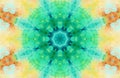 Iridescent geometric kaleidoscopic backdrop in orange and turquoise tones . Abstract eastern style