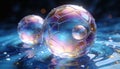 Iridescent geometric spheres with water droplets float on a swirling blue liquid surface Royalty Free Stock Photo