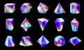Iridescent holo crystals. Abstract holographic 3d shapes, geometric prism elements with neon gradient mesh colors vector