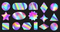 Iridescent holo sticker shapes. Holographic geometric forms, colorful foil decals vector background set