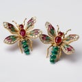 Dragonfly Stud Earrings And Brooch With Rubies And Emeralds