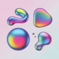 Iridescent liquid droplets and blobs with smooth reflective surfaces on a gradient background, AI Generated Royalty Free Stock Photo