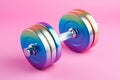 Iridescent metallic dumbbell on pink background. Women sport equipment. Rubber fitness weights for home training. Home fitness or