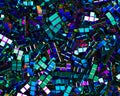 Iridescent Metallic Tetrominoes in a Chaotic Pile From Aerial View