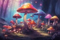 Iridescent Mushrooms in the middle of landscape, woods - Ai illustration