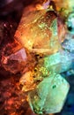 Iridescent natural transparent glossy and magic geometric Quartz crystal stucture through sun light. Royalty Free Stock Photo